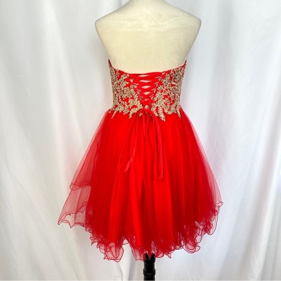 Damas By Tiffany Designs Beaded Dress GownSz Small Tulle Little Red Lace Corset - Picture 5 of 14